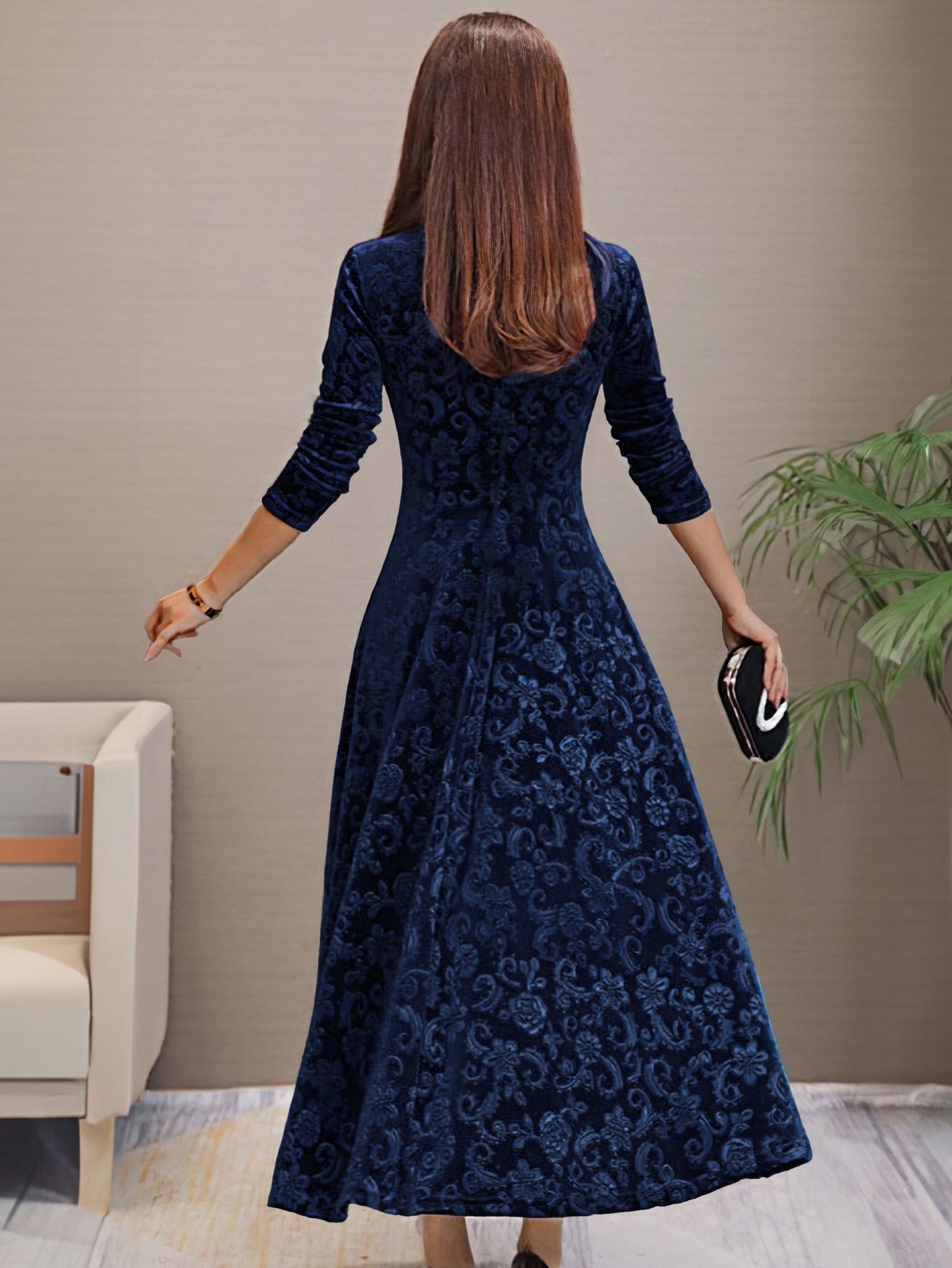 Solid Long Sleeve V-Neck Flared Dress, Elegant Spring/Fall Style.