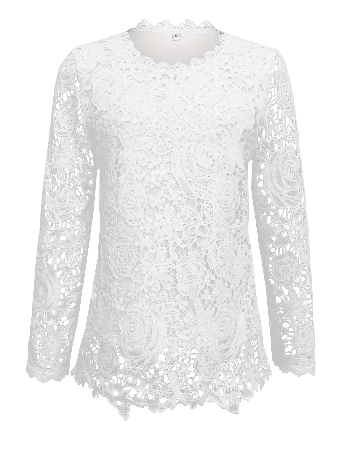 Guipure Lace Scallop Trim T-shirt, Elegant Long Sleeve Top For Spring & Fall, Women's Clothing