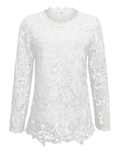 Guipure Lace Scallop Trim T-shirt, Elegant Long Sleeve Top For Spring & Fall, Women's Clothing