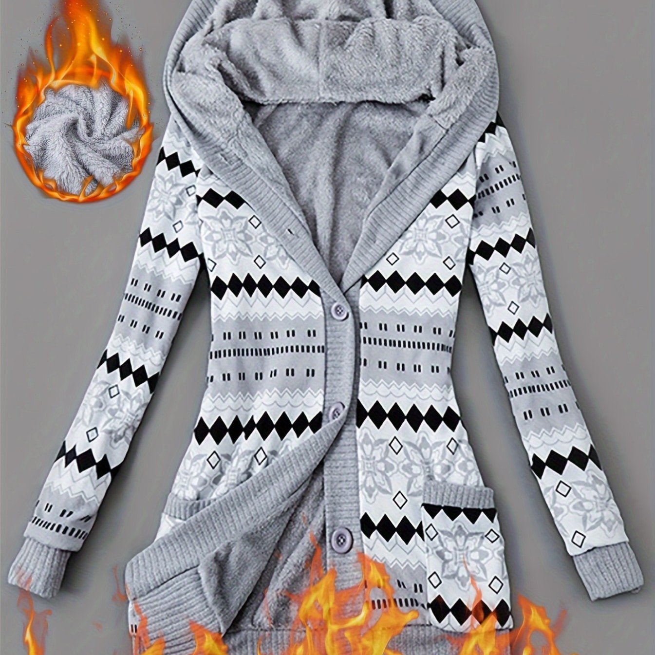 Geometric Print Fleece Lined Hoodie Jacket for Women, Casual Mid-Length