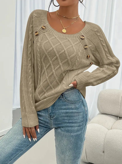 Women's Cable Knit Sweater - Button Long Sleeve, Crew Neck Pullover for Fall