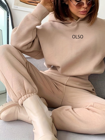 Casual Two-piece Set, Letter Print Long Sleeve Hooded Sweatshirt & Elastic Waist Sweatpants Outfits - Women's Clothing - Soft & Comfortable Fabric - Perfect for Loungewear, Casual Wear & Homewear - Ideal Gift for Women