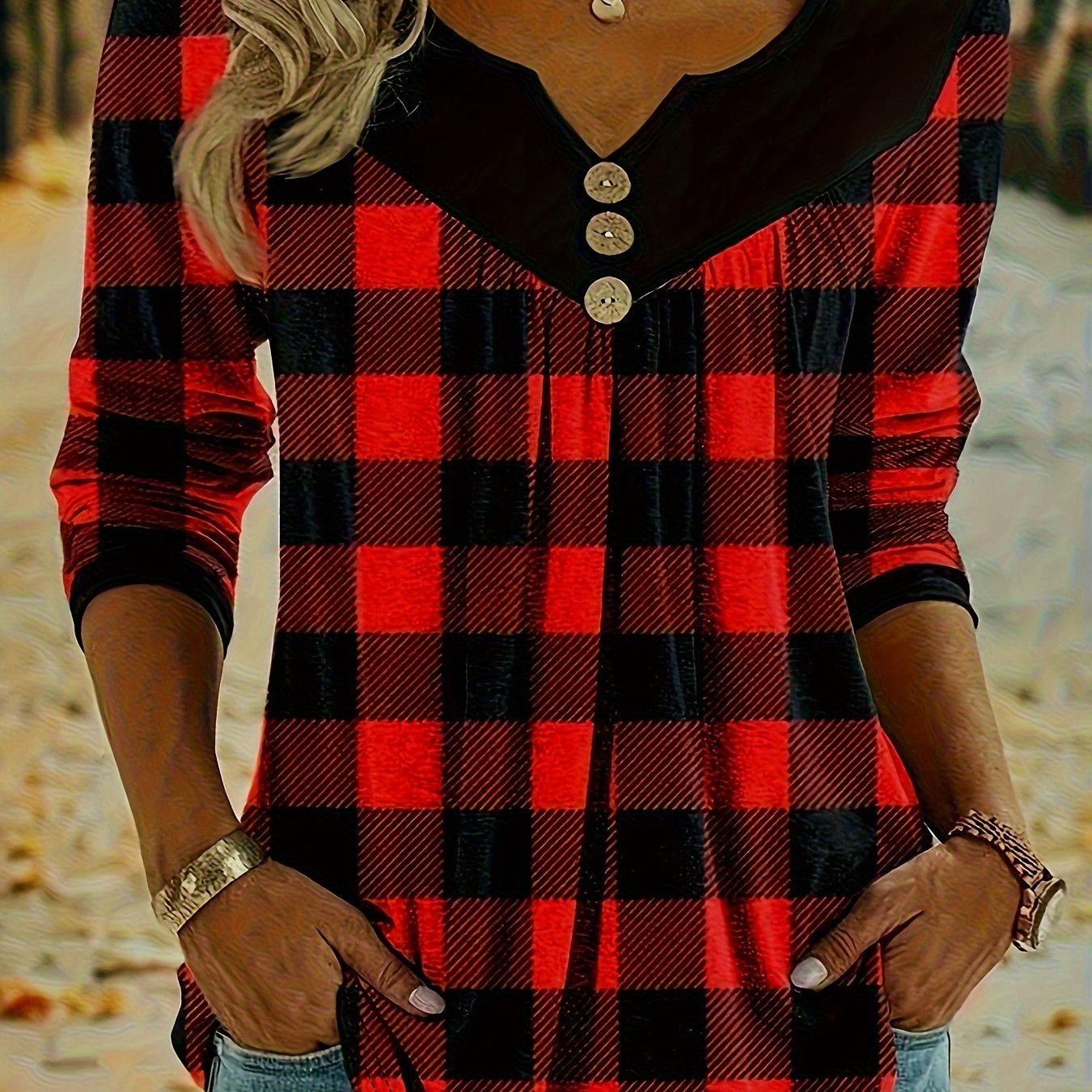 Plaid V-Neck T-Shirt for Women, Boho Style, Long Sleeves.