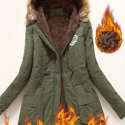 Winter Warmth Hooded Jacket - Thick Fleece-Lined, Zip-Up, Casual Cargo Style with Large Fur Collar, Machine Washable