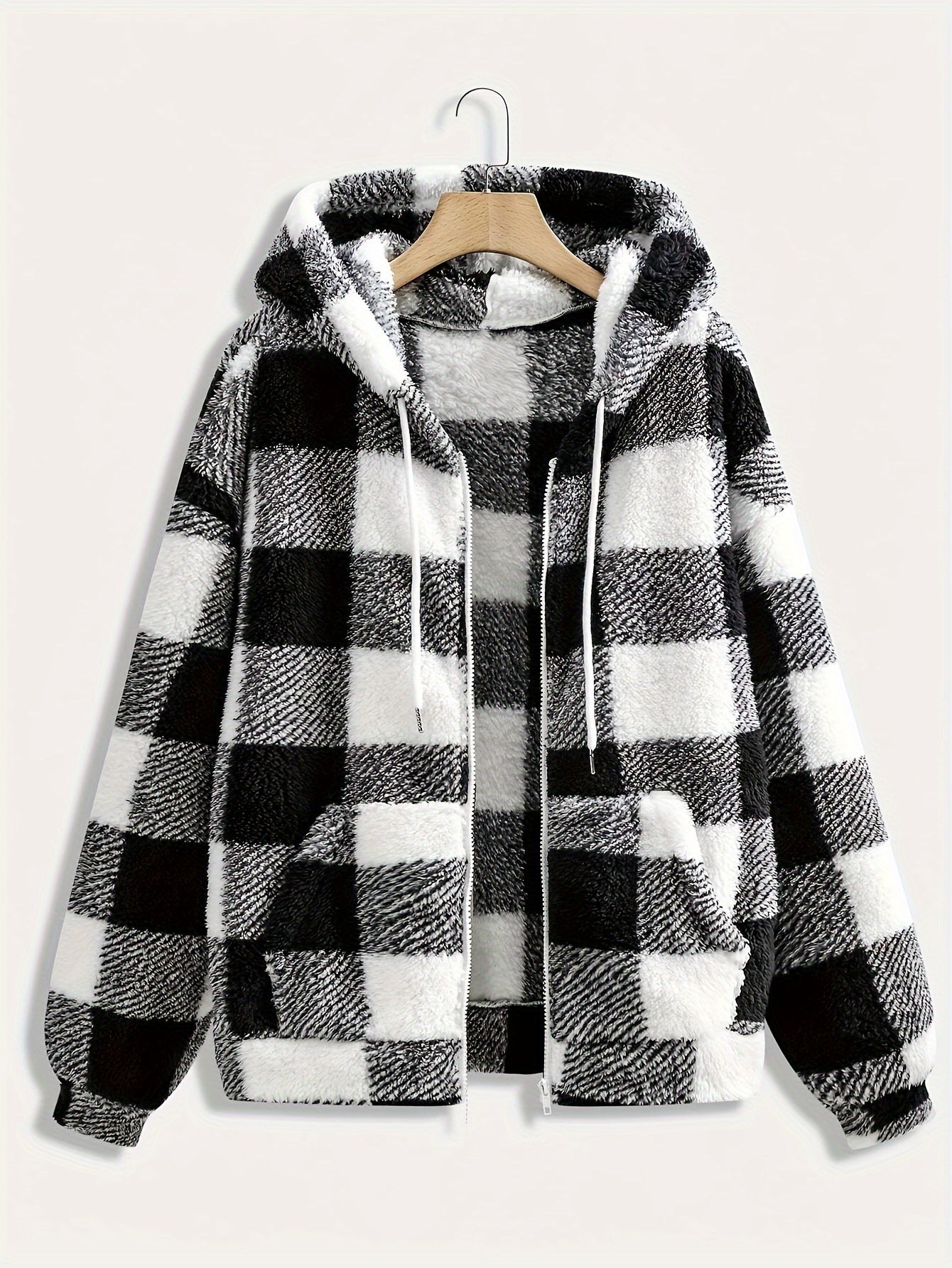 Women'S Casual Plaid Zippered Hooded Coat, 95% Polyester 5% Elastane, Knit Fabric, Fall/Winter Fashion Outerwear