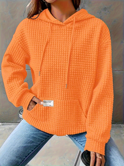 Women's Cozy Waffle Knit Hoodie - Casual Long Sleeve, Solid Color Pullover with Front Pocket & Drawstring Neck, Perfect for Fall/Winter, Polyester, White