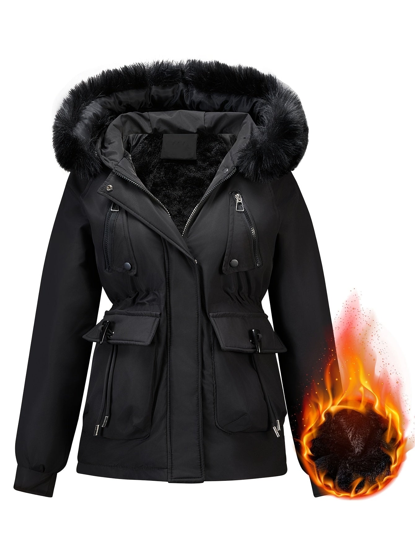 Slim-Fit Winter Jacket, Detachable Faux Fur Hood, Zip Front & Pockets