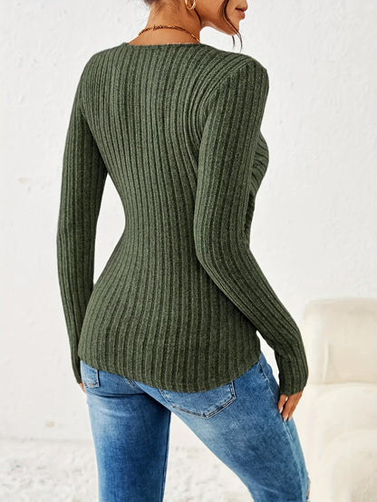 Ruched Ribbed Button T-Shirt, V-Neck Long Sleeve for Spring & Fall.