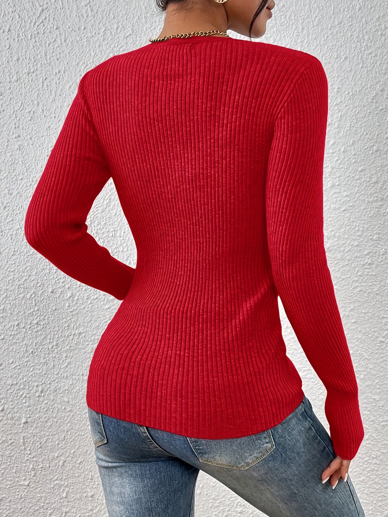 Women's V-Neck Knit Sweater, Button Detail, Fall/Winter