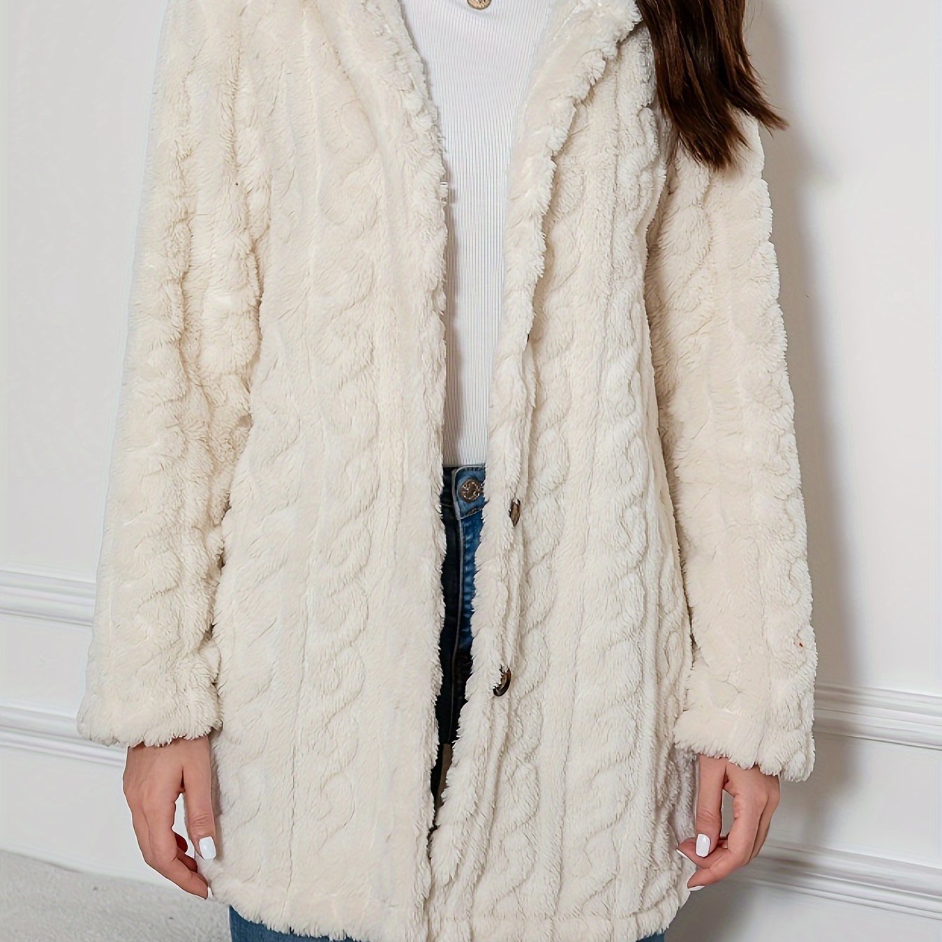 Elegant Knit Fur-Like Coat with Hood and Double Buttons - Adult Size - Spring/Autumn Season - Polyester Fiber Material