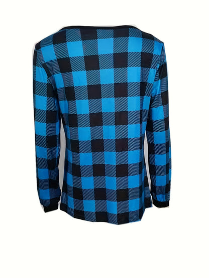 Plaid V-Neck T-Shirt for Women, Boho Style, Long Sleeves.