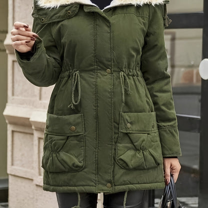 Women'S Casual Midi Long Sleeve Parka Coat with Drawstring, Solid Color Polyester 100% Woven Jacket, Regular Fit Winter Warm Outwear with Pockets