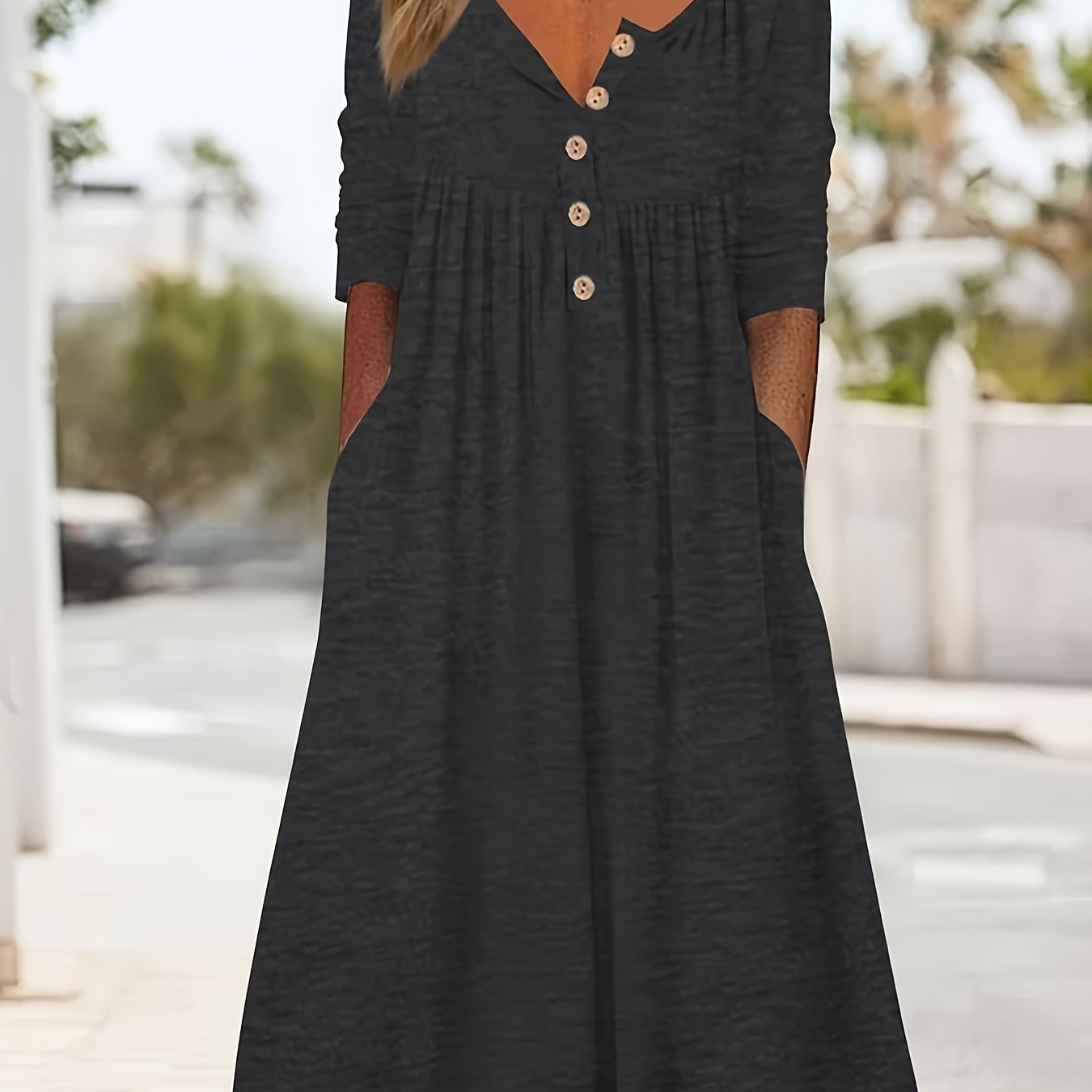 Button Front Midi Dress, Long Sleeve with Pockets & Ruffle Hem.