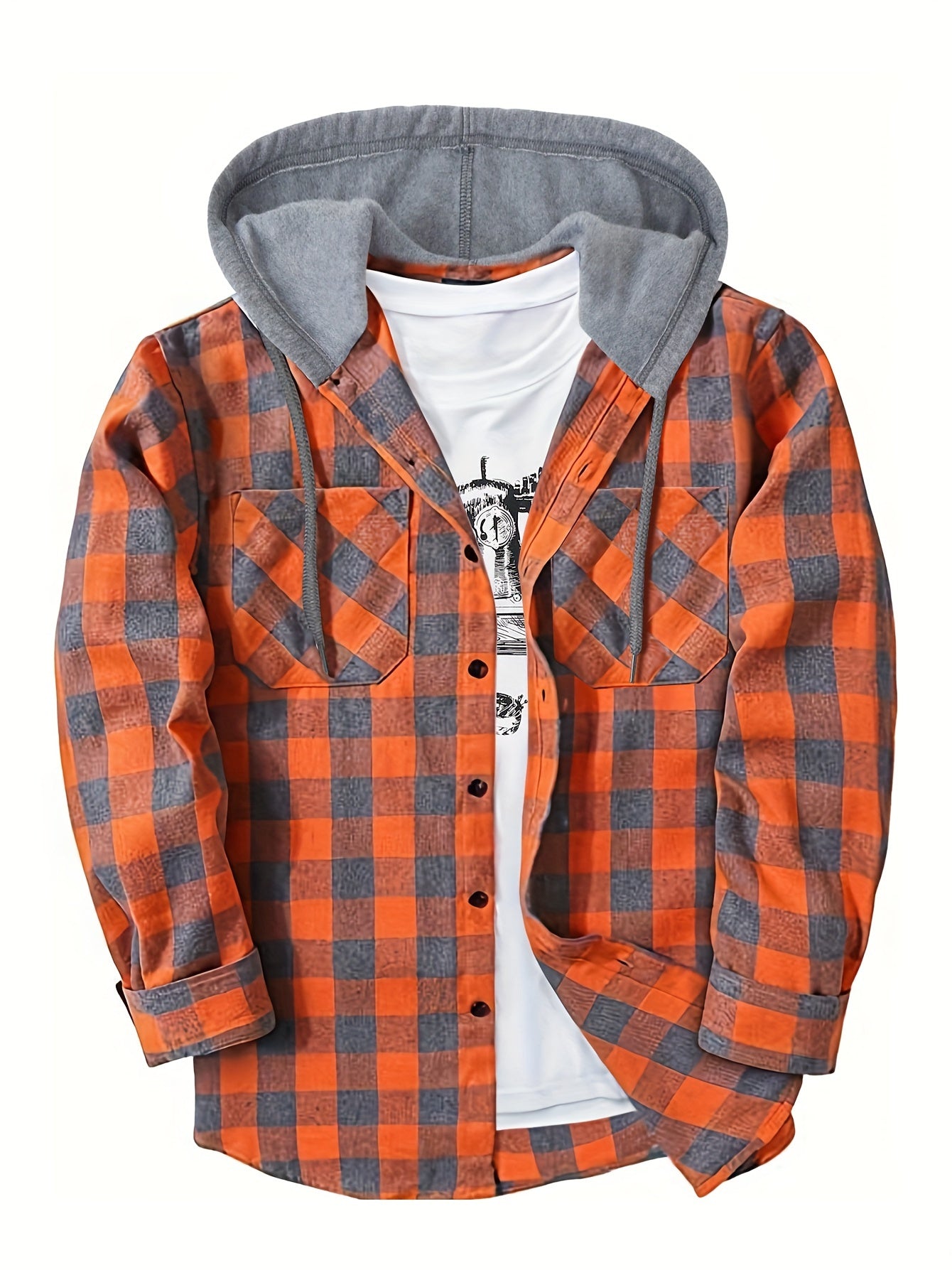 Plaid Shirt Coat For Men Long Sleeve Casual Regular Fit Button Up Hooded Shirts Jacket