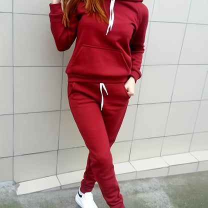 Casual Solid Two-piece Set, Kangaroo Pocket Hoodie & Drawstring Pants Outfits, Women's Clothing