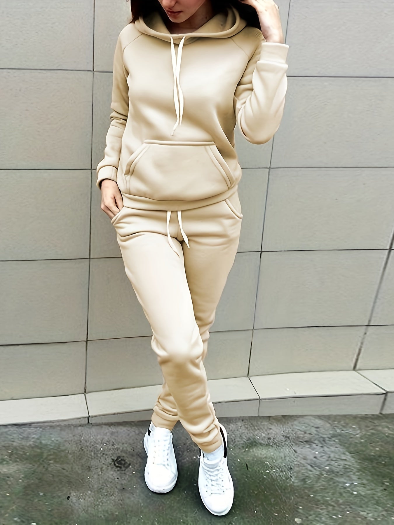 Casual Solid Two-piece Set, Kangaroo Pocket Hoodie & Drawstring Pants Outfits, Women's Clothing