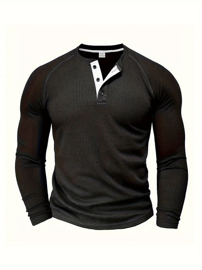 Men's Solid Henley Shirt, Long Sleeve, Crew Neck, Half Button