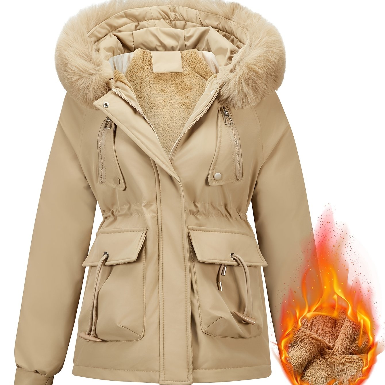 Slim-Fit Winter Jacket, Detachable Faux Fur Hood, Zip Front & Pockets