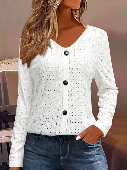 Eyelet Button Front T-Shirt, Casual V-Neck, Long Sleeve for Spring & Fall.