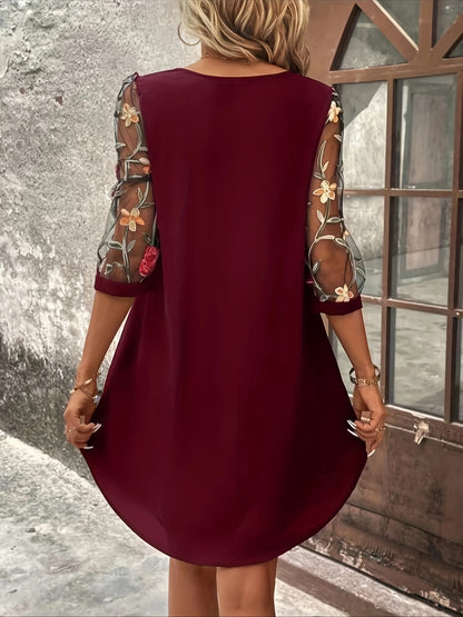 Floral Dress, Three-Quarter Illusion Sleeves, Keyhole Neck, Loose Fit.