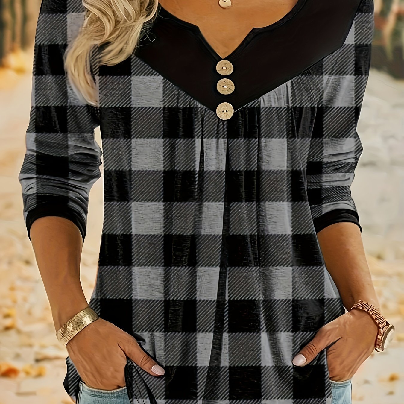 Plaid V-Neck T-Shirt for Women, Boho Style, Long Sleeves.