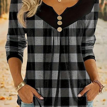 Festive Black & White Plaid Print V-Neck T-Shirt for Women - Boho Style with Button Detail, Long Sleeves, Polyester, Machine Washable - Ideal for Fall