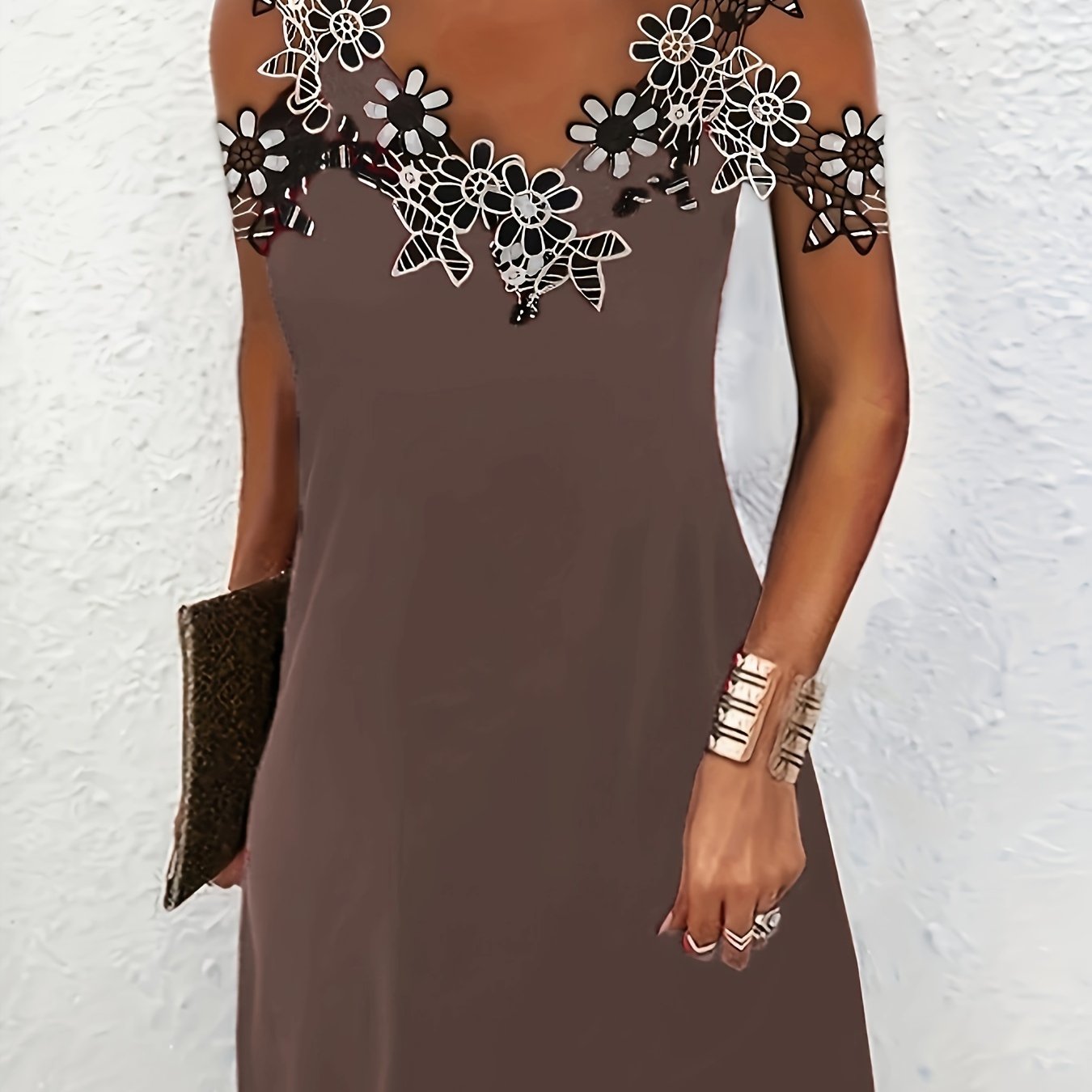 Floral Applique Dress, Casual V Neck Cold Shoulder Dress, Women's Clothing For Party Dressing