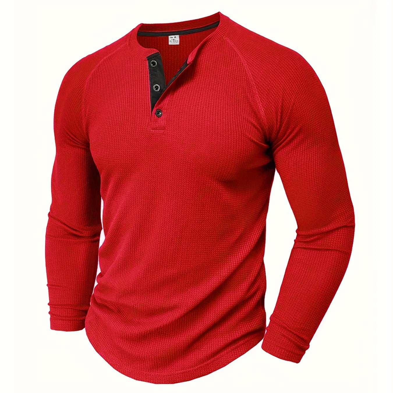 Men's Solid Henley Shirt, Long Sleeve, Crew Neck, Half Button