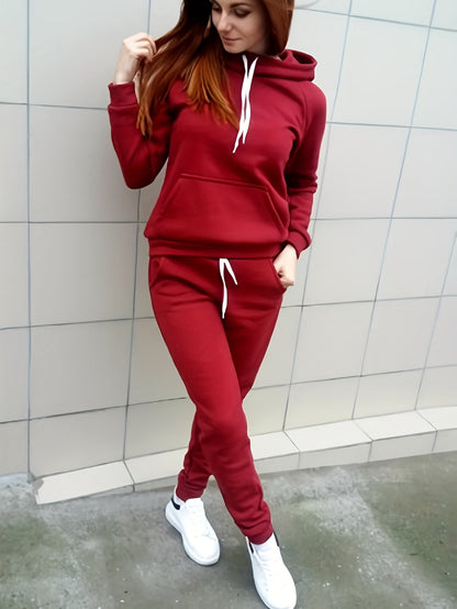 Casual Solid Two-piece Set, Kangaroo Pocket Hoodie & Drawstring Pants Outfits, Women's Clothing