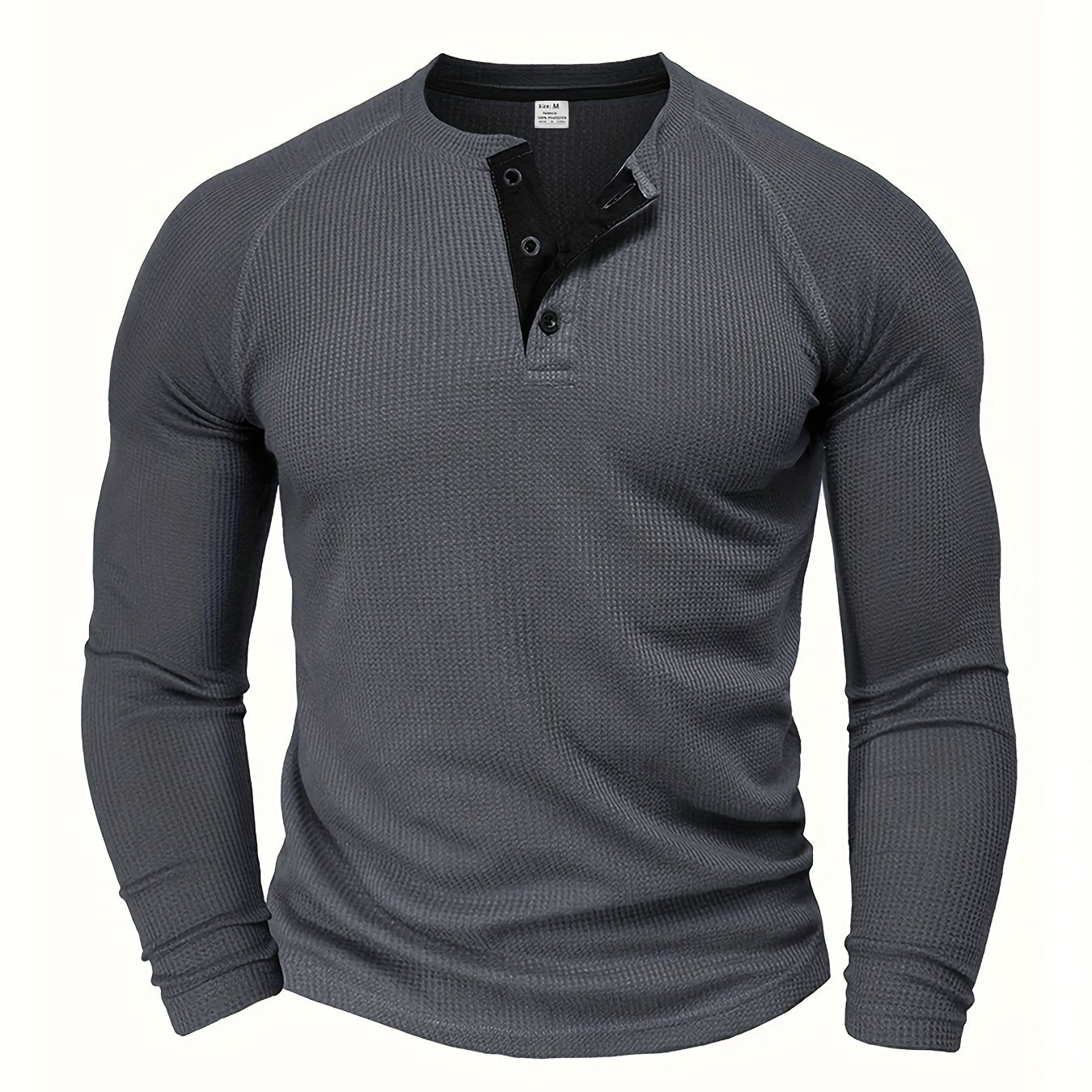 Men's Solid Henley Shirt, Long Sleeve, Crew Neck, Half Button