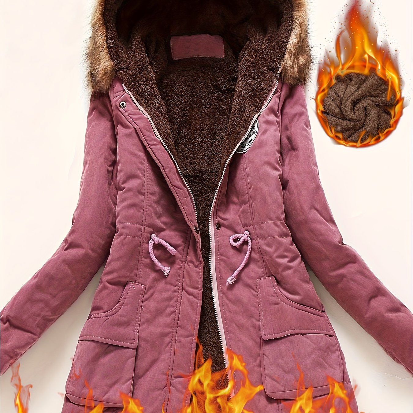 Winter Warmth Hooded Jacket - Thick Fleece-Lined, Zip-Up, Casual Cargo Style with Large Fur Collar, Machine Washable