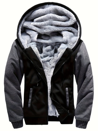 Men's Fleece Hooded Jacket, Casual Color Block Coat for Fall/Winter