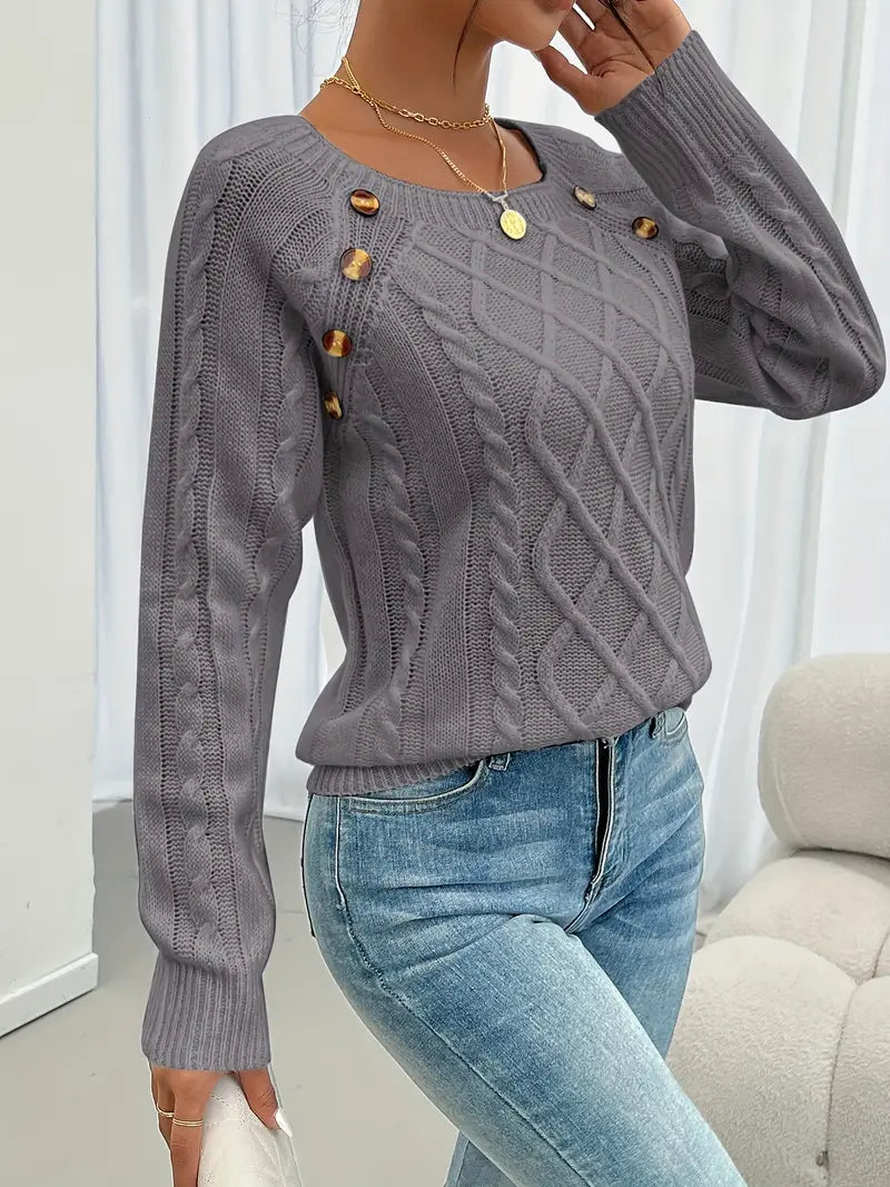 Women's Cable Knit Sweater - Button Long Sleeve, Crew Neck Pullover for Fall