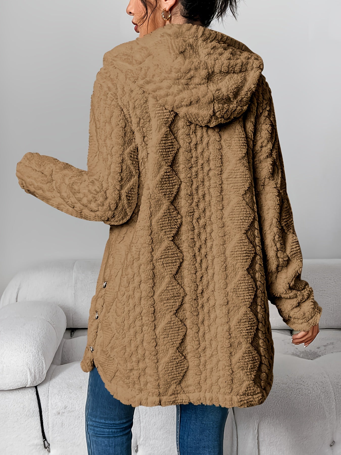 Beige Quilted Faux Fur Hooded Cardigan, Cozy Button Front Outerwear