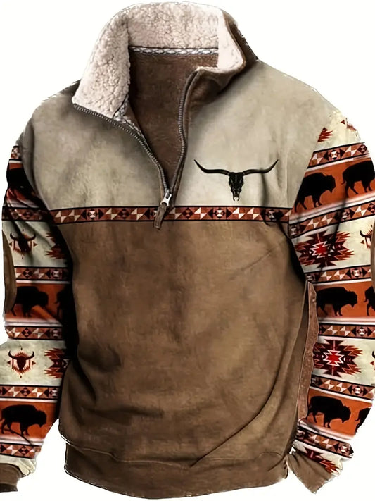 Men's Vintage Print Casual Long Sleeve 1/4 Zip Cowboy Sweatshirt, Western Aztec Fleece Pullover Sweatshirt, Winter Fall