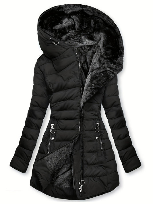 Zip-up Hoodie Puffy Coat, Faux Fur Lined, Casual Winter Coat