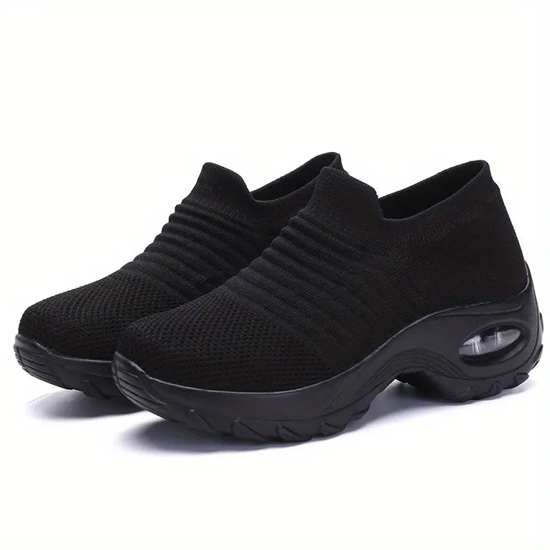 Women's Knit Sneakers - Breathable, Slip-On, Air Cushion, Comfortable for Running & Walking