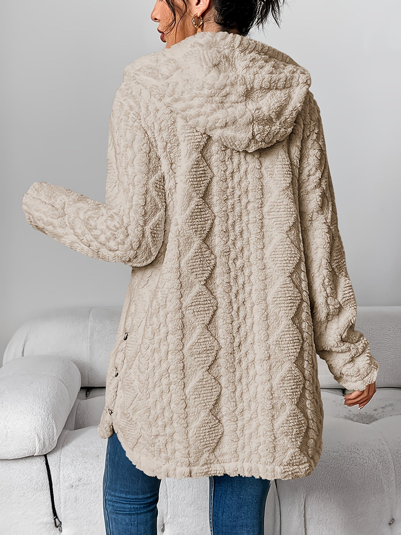 Beige Quilted Faux Fur Hooded Cardigan, Cozy Button Front Outerwear