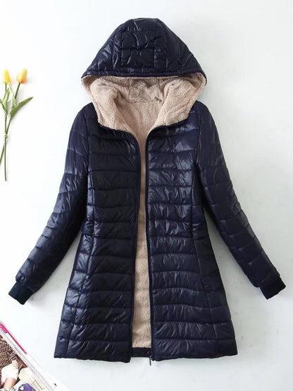 Women's Winter Casual Puffer Coat Solid Color Long Sleeve Zip Up Lightweight Long Hooded Jacket