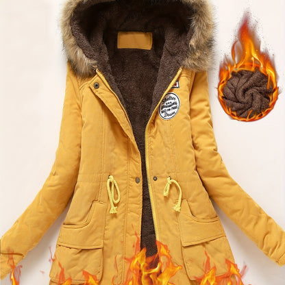 Winter Warmth Hooded Jacket - Thick Fleece-Lined, Zip-Up, Casual Cargo Style with Large Fur Collar, Machine Washable