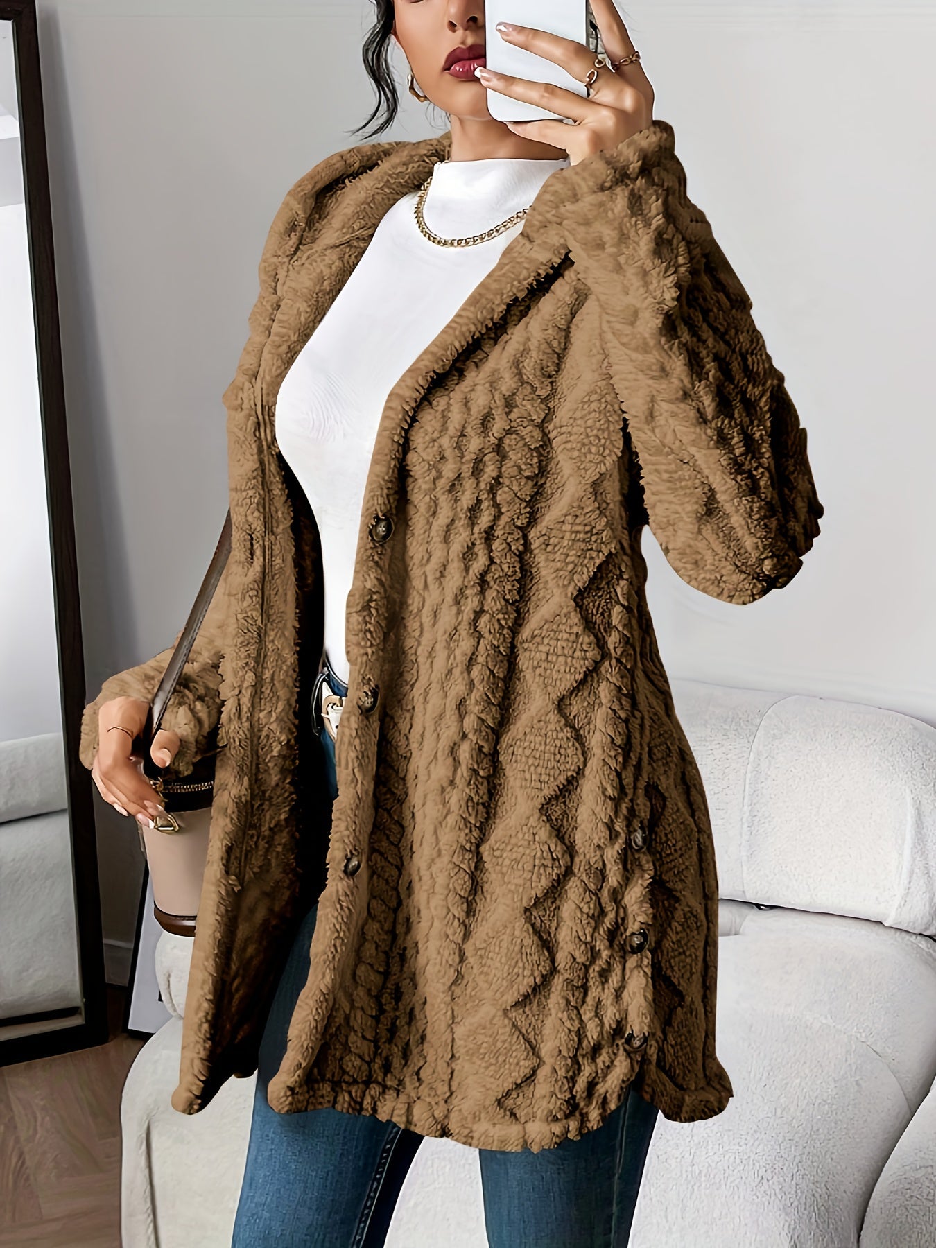 Beige Quilted Faux Fur Hooded Cardigan, Cozy Button Front Outerwear