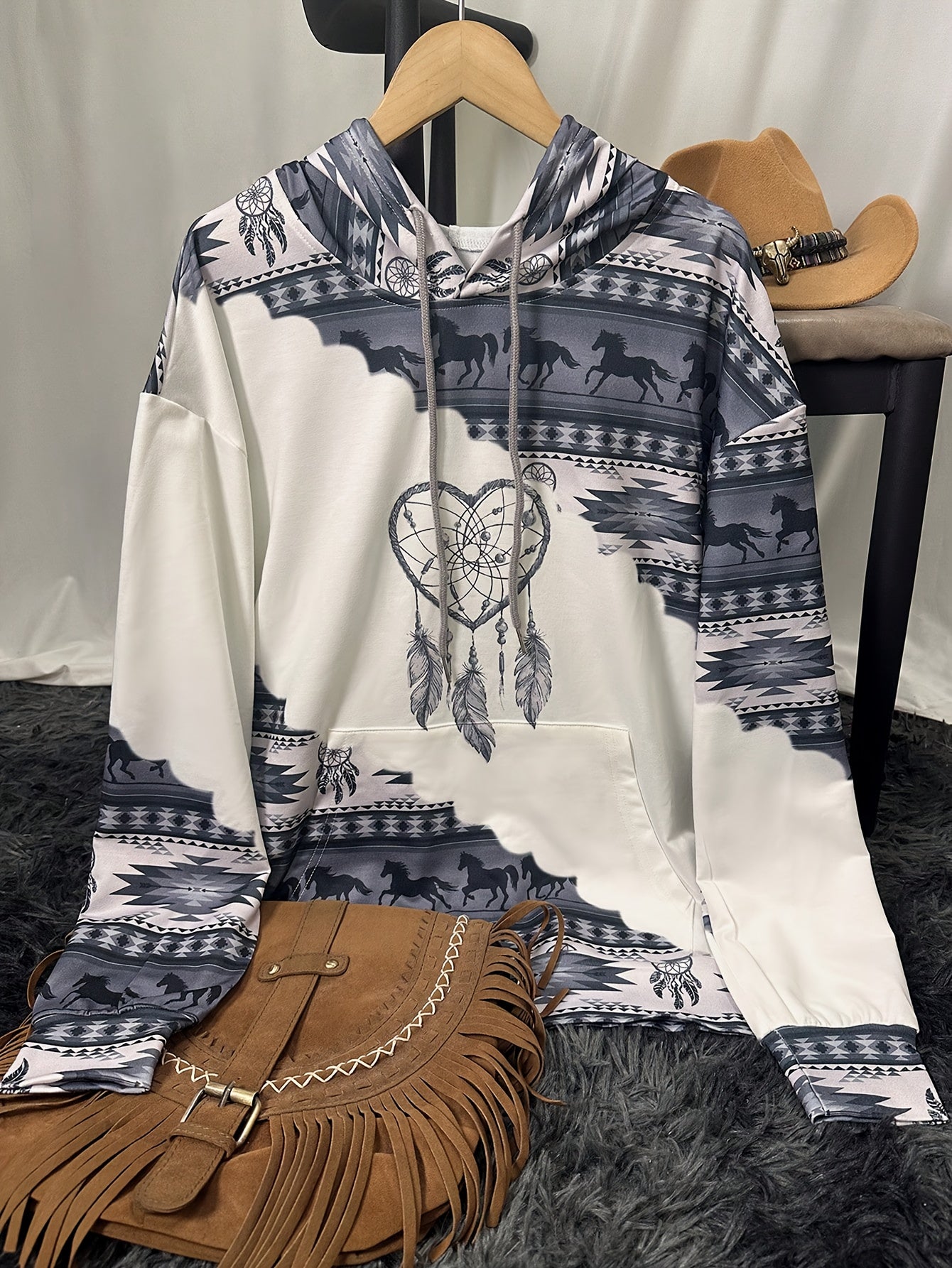 1pc Vintage Bohemian Dreamcatcher Print Women'S Hoodie, Casual Round Neck Pullover with Drawstring, Polyester Knit Fabric, Geometric Pattern, All Seasons