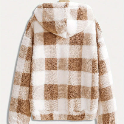 Women'S Casual Plaid Zippered Hooded Coat, 95% Polyester 5% Elastane, Knit Fabric, Fall/Winter Fashion Outerwear