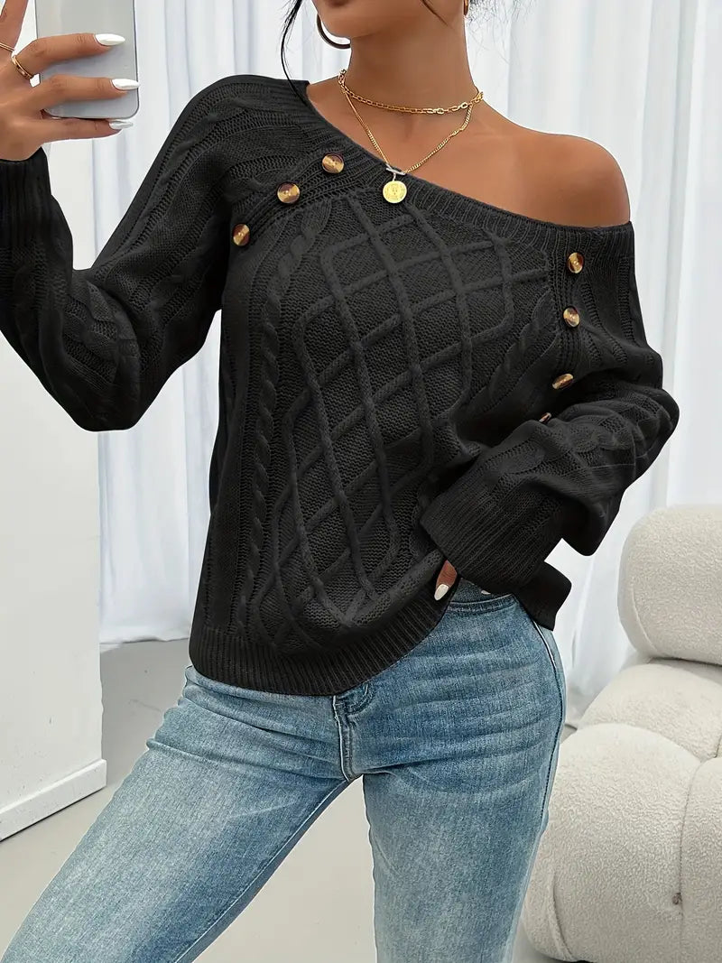 Women's Cable Knit Sweater - Button Long Sleeve, Crew Neck Pullover for Fall