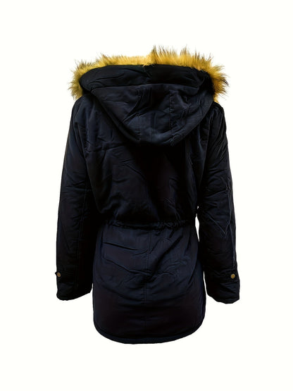 Winter Warmth Hooded Jacket - Thick Fleece-Lined, Zip-Up, Casual Cargo Style with Large Fur Collar, Machine Washable