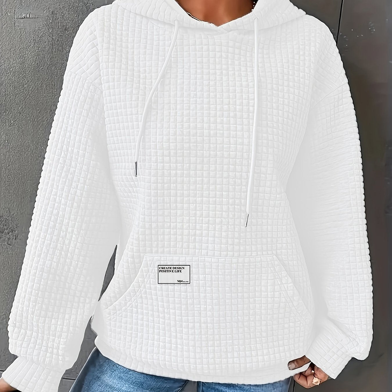 Women's Cozy Waffle Knit Hoodie - Casual Long Sleeve, Solid Color Pullover with Front Pocket & Drawstring Neck, Perfect for Fall/Winter, Polyester, White