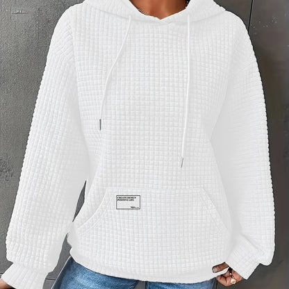 Women's Cozy Waffle Knit Hoodie - Casual Long Sleeve, Solid Color Pullover with Front Pocket & Drawstring Neck, Perfect for Fall/Winter, Polyester, White