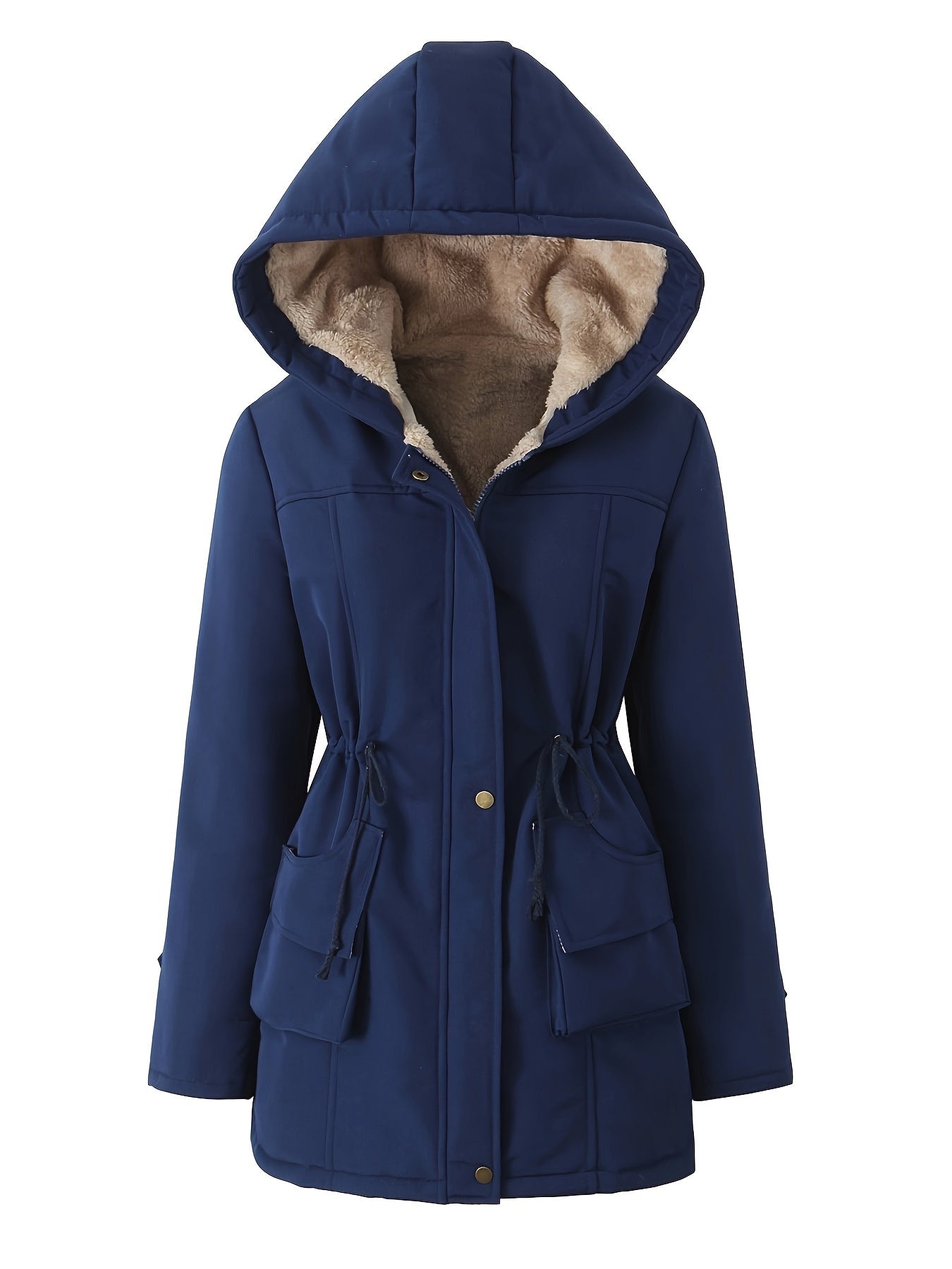 Women'S Casual Midi Hooded Coat, 100% Polyester, Long Sleeve, Solid Color, Non-Stretch Fabric, Drawstring Detail, X-Contour Fit, Regular Style, -Padded Jacket for Winter