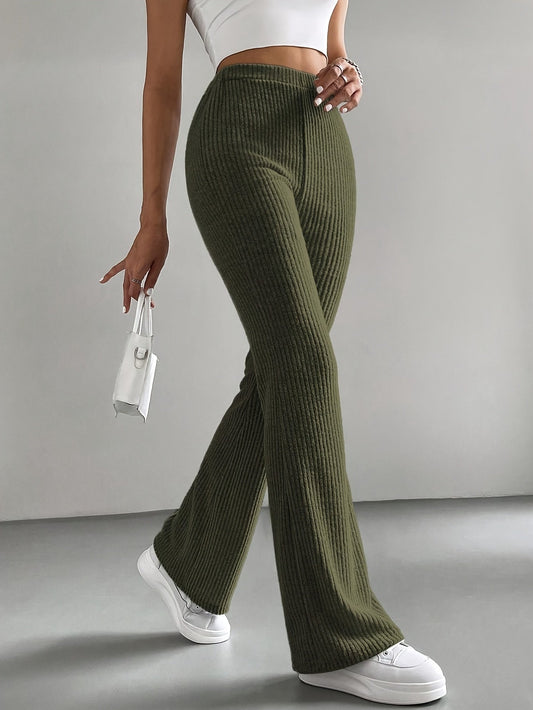 Solid Color Ribbed Flare Leg Pants, Casual High Waist Forbidden Pants For Spring & Summer, Women's Clothing