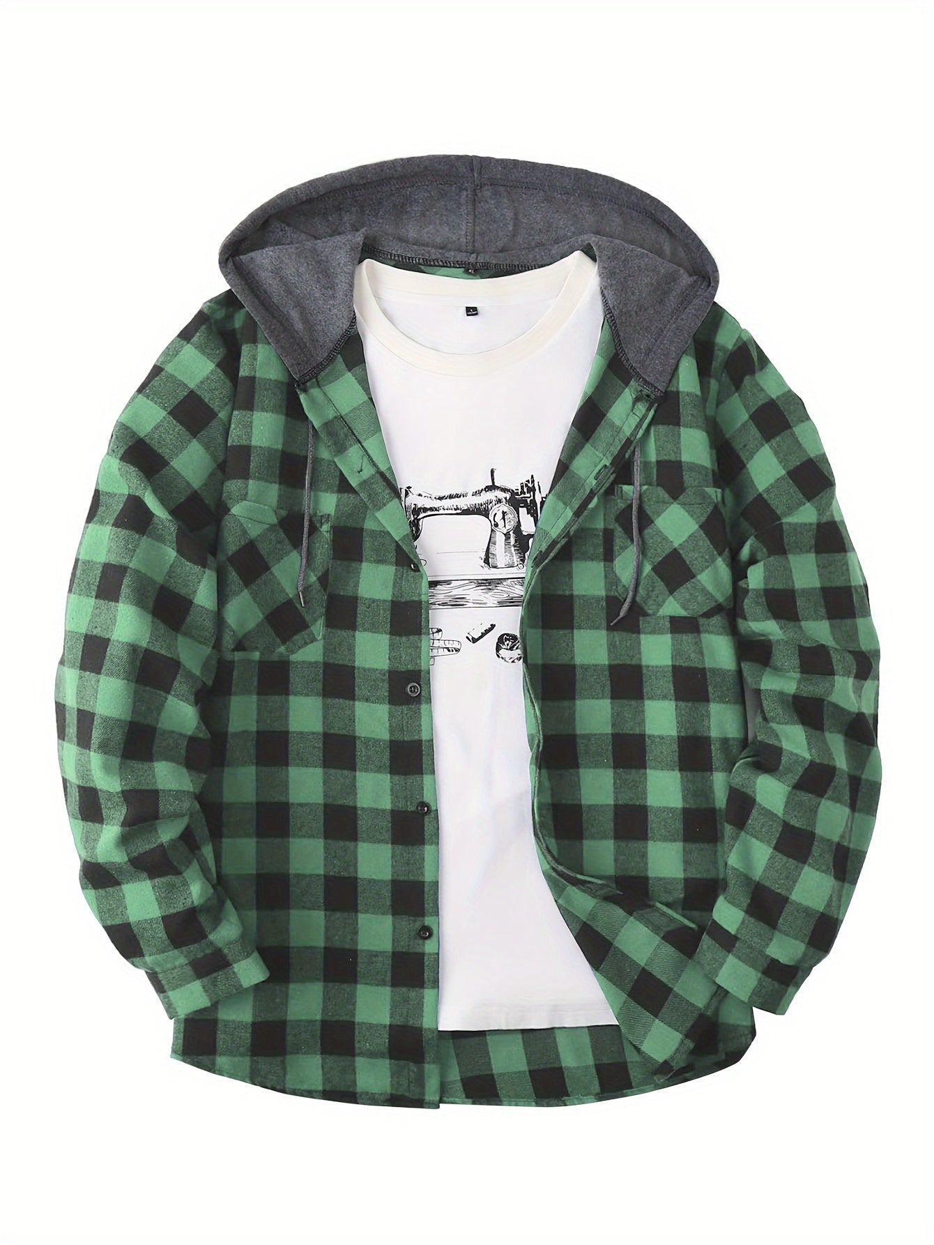 Plaid Shirt Coat For Men Long Sleeve Casual Regular Fit Button Up Hooded Shirts Jacket